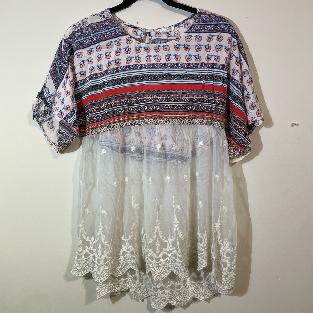 Soieblu BoHo Blouse Women’s Small Orange Blue Cream w/lace sheer bottom